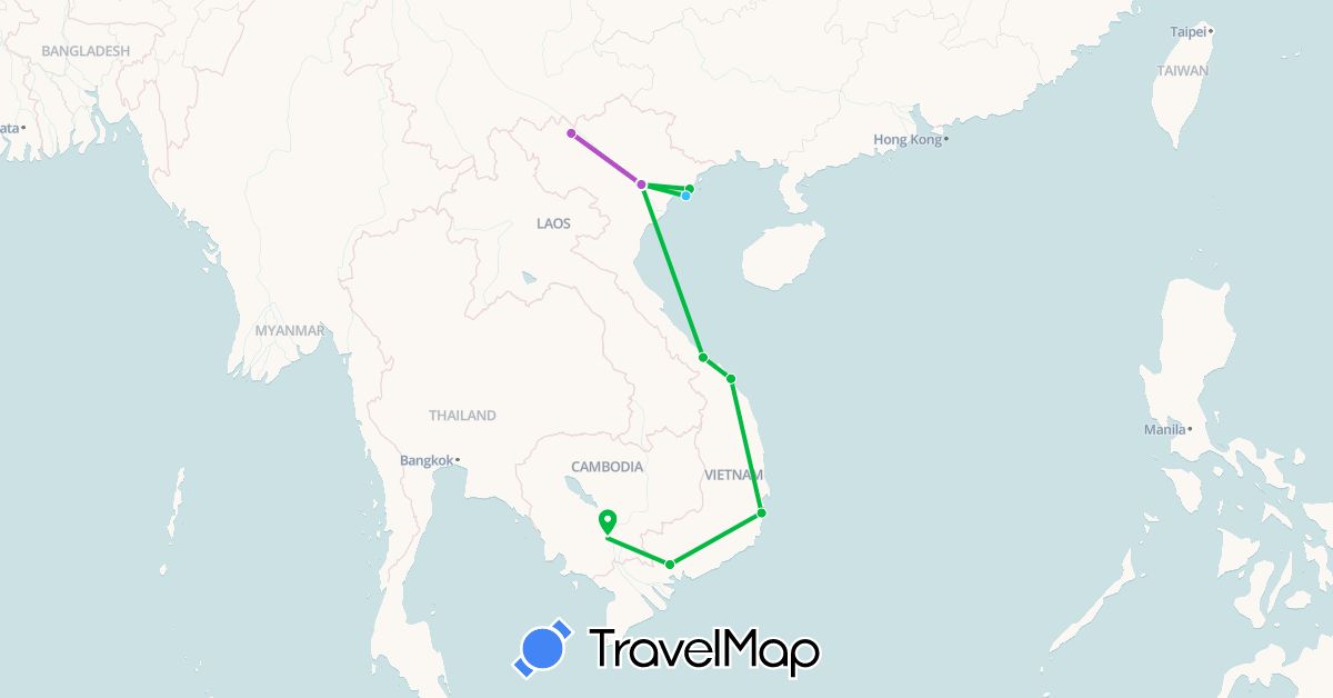 TravelMap itinerary: driving, bus, train, boat in Cambodia, Vietnam (Asia)